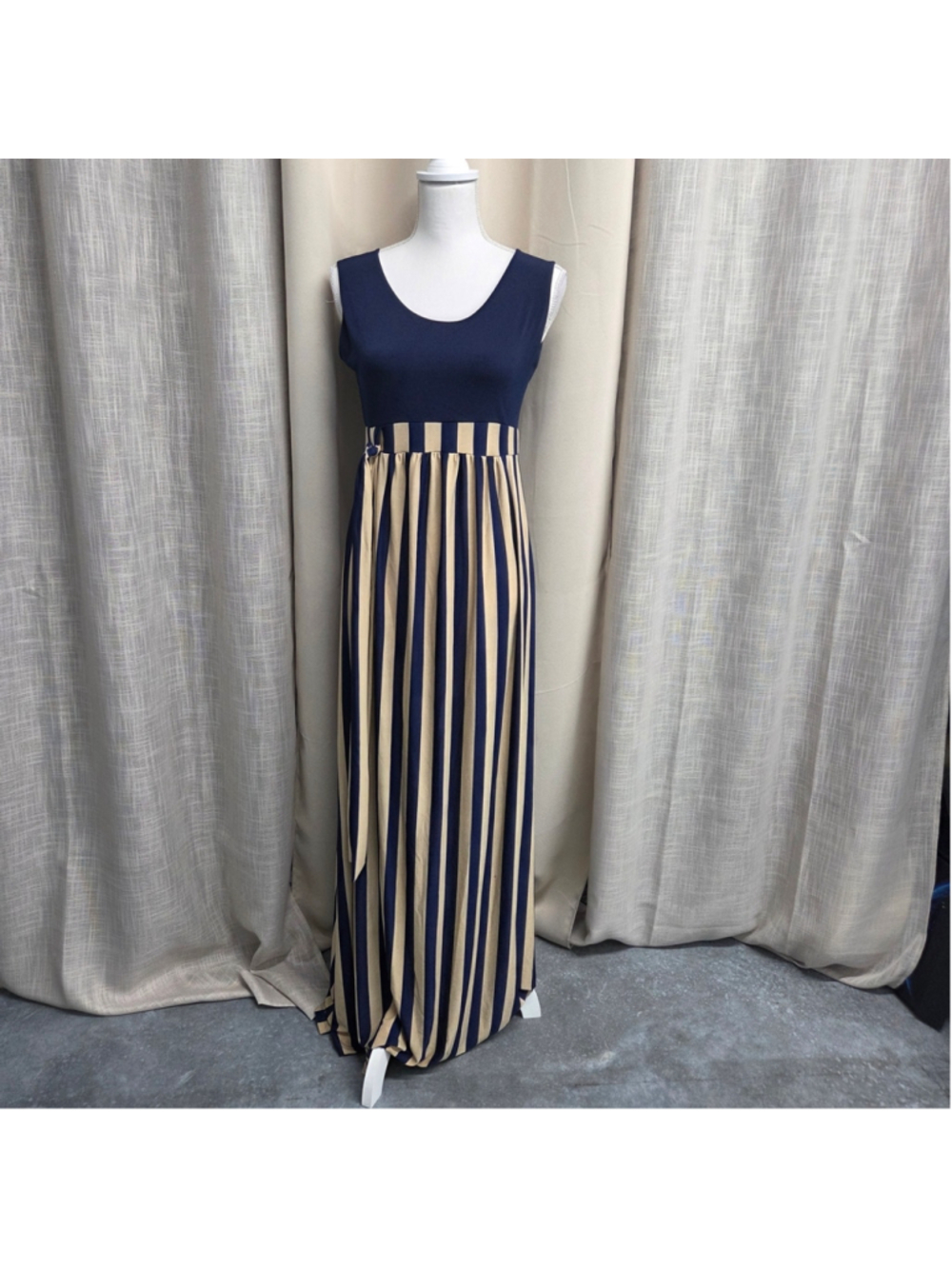 Navy Tan Striped Sleeveless Maxi Dress S Resortwear Coastal Casual Maritime